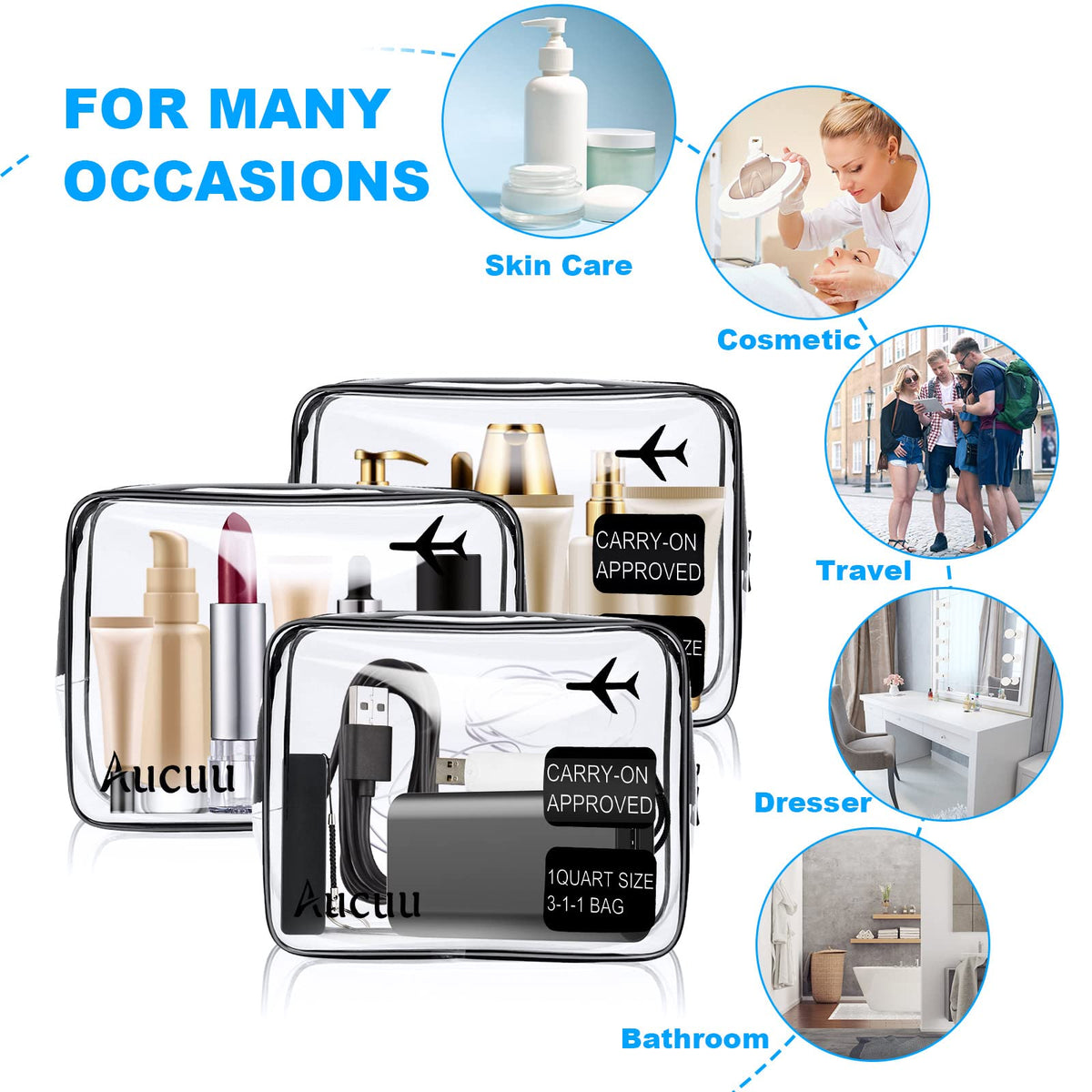 Aucuu Clear Toiletries Bag, 3 Pack PVC Waterproof Toiletries Carry Pouch, TSA Approved Travel Toiletry Bag with Zipper, Multi-Size Cosmetic Makeup Bags for Men, Women and Kids - Travel Business