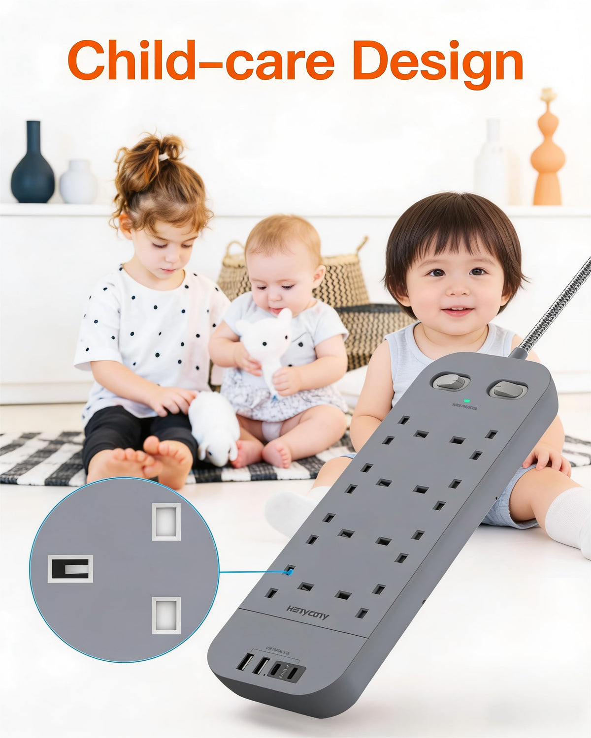 Extension Lead with 2 USB C Slots, 8 Way Power Strip Surge Protector