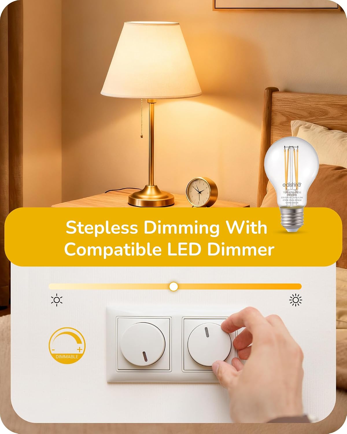 EDISHINE 6 Pack E27 Dimmable LED Edison Bulbs, 6.5W 2700K Warm White, 806LM