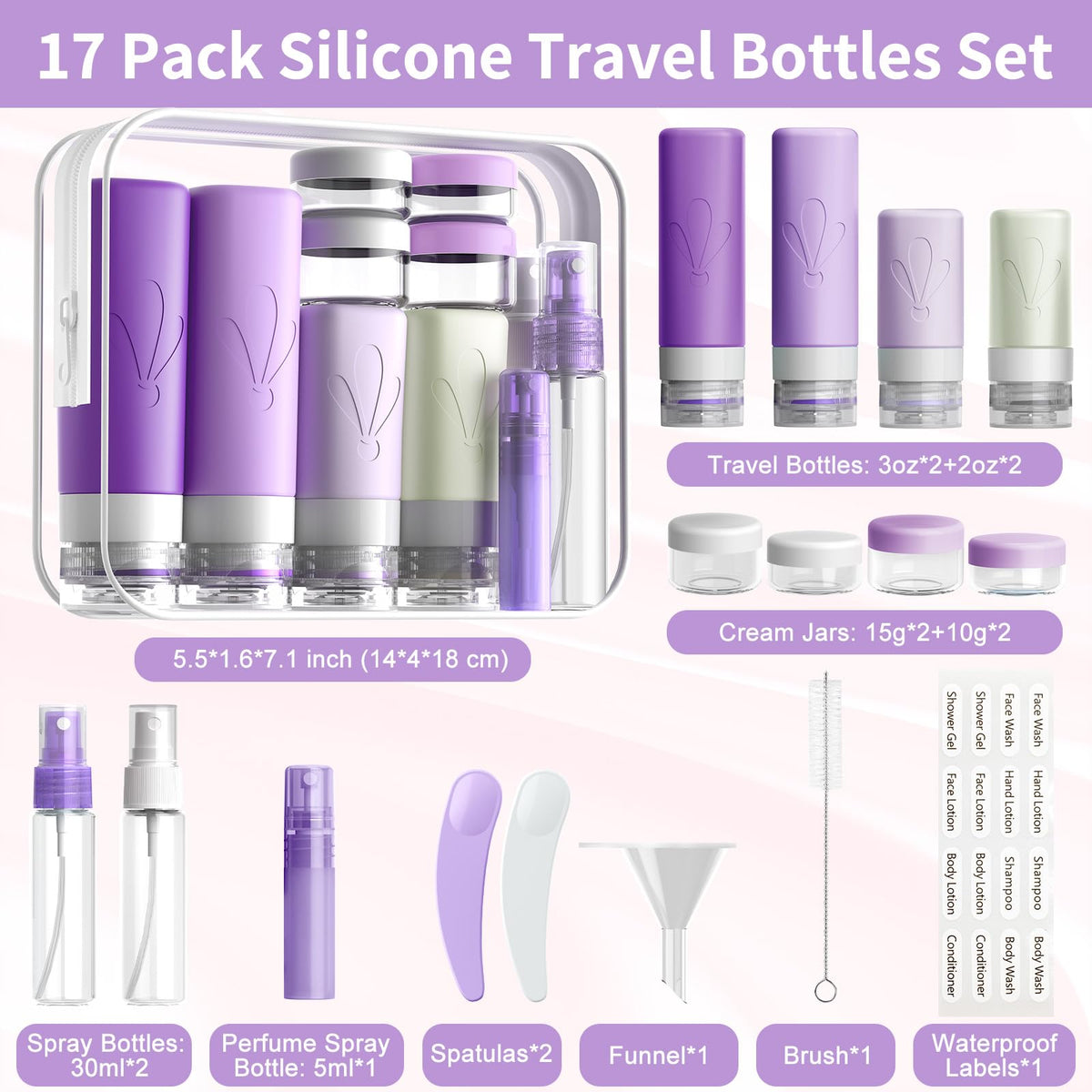 INSFIT Travel Bottles for Toiletries, 17 Pack Leakproof Travel Size Toiletries, Airplane Travel Essentials, Holiday Essentials for Women and Men with Labels/Clear Bag