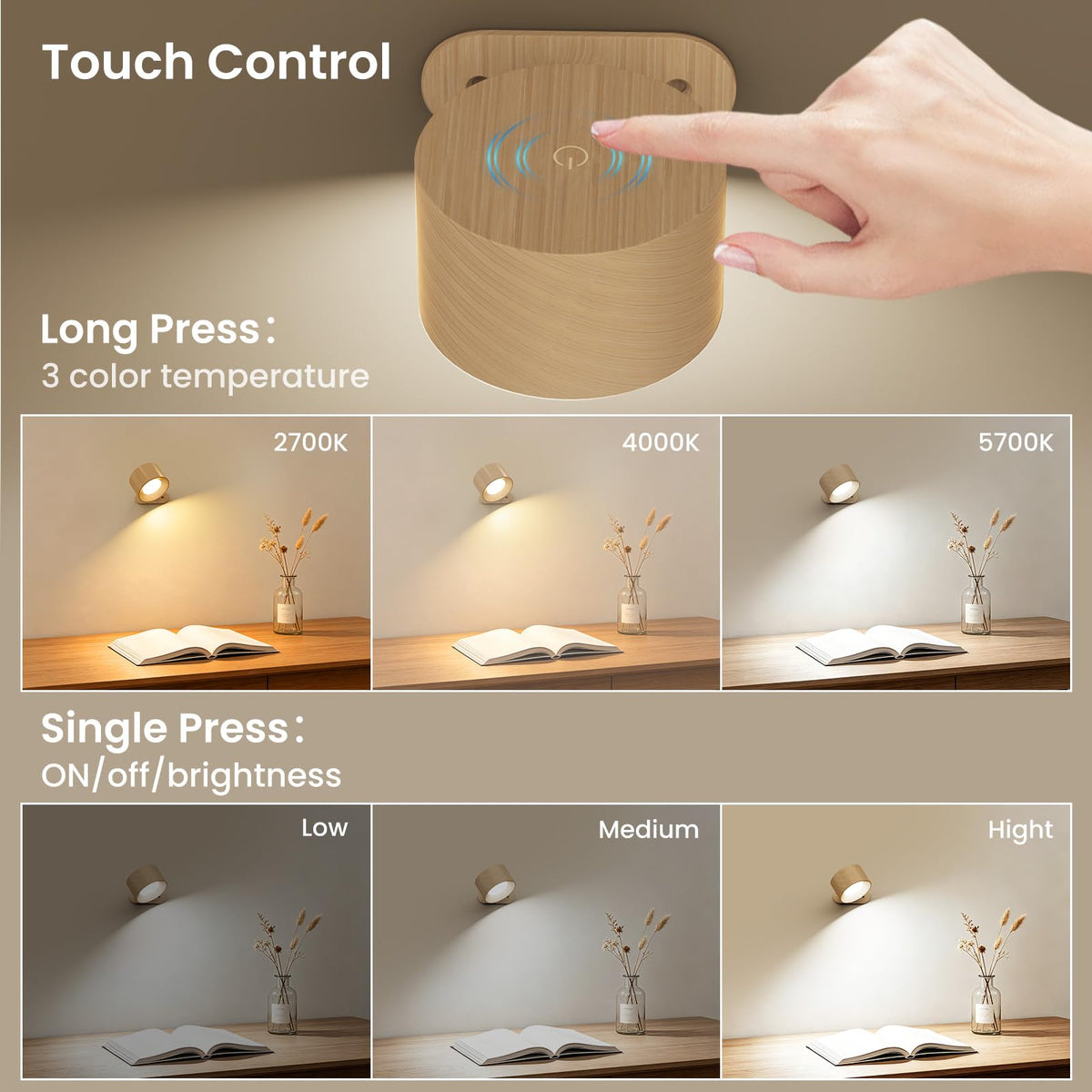 Coollamp LED Battery Operated Wall Lights, 3Pack Wall Lamp with Remote Control 3 Color Modes 3 Brightness Levels 360°Rotate Magnetic, Reading Lights for Living Room Bedroom Black