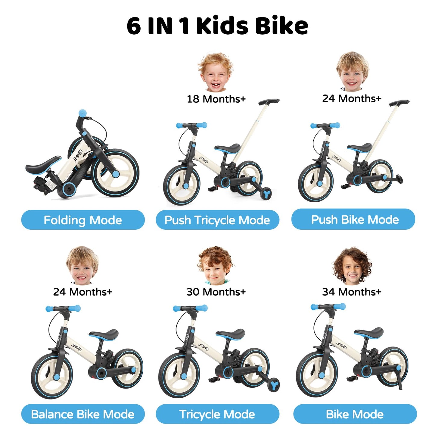JMMD 6-in-1 Convertible Toddler Balance Bike to Pedal Bike — Ages 18 Months to 5 Years