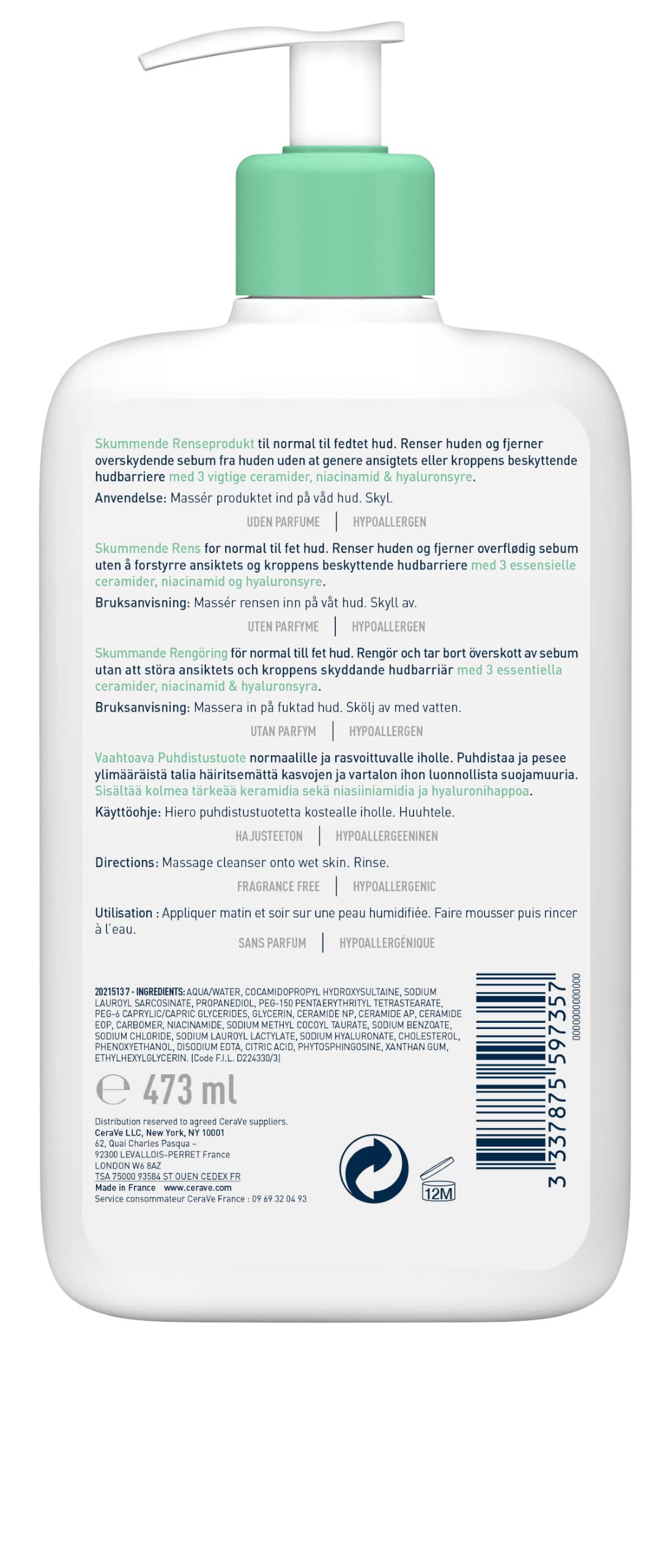 CeraVe Foaming Cleanser for Normal to Oily Skin with Niacinamide & 3 Essential Ceramides, Developed with Dermatologists, Gently Cleanses & Removes Excess Oil, Fragrance-Free