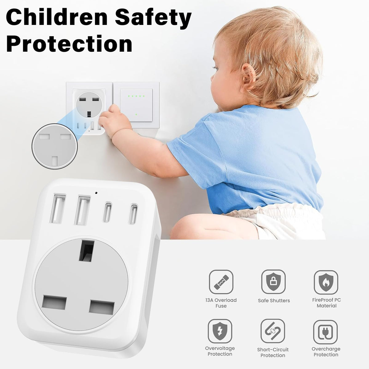 UK To European Plug Adapter,5 IN 1 European Travel Adaptor with 2 USB C & 2 USB A,Grounded EU Plug Adapter for Germany Spain France Turkey Greece etc (Type E/F)
