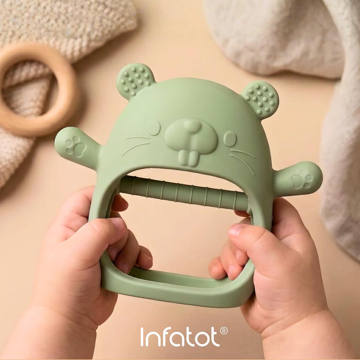 Infatot® Teething Toys for Baby Gifts – Chipmunk Silicone Mitten Teether, Soothing Glove for Infants, Baby Toys 0-6 Months, Soft Chewable Teether Toy to Prevent Finger Sucking, CM Blue.