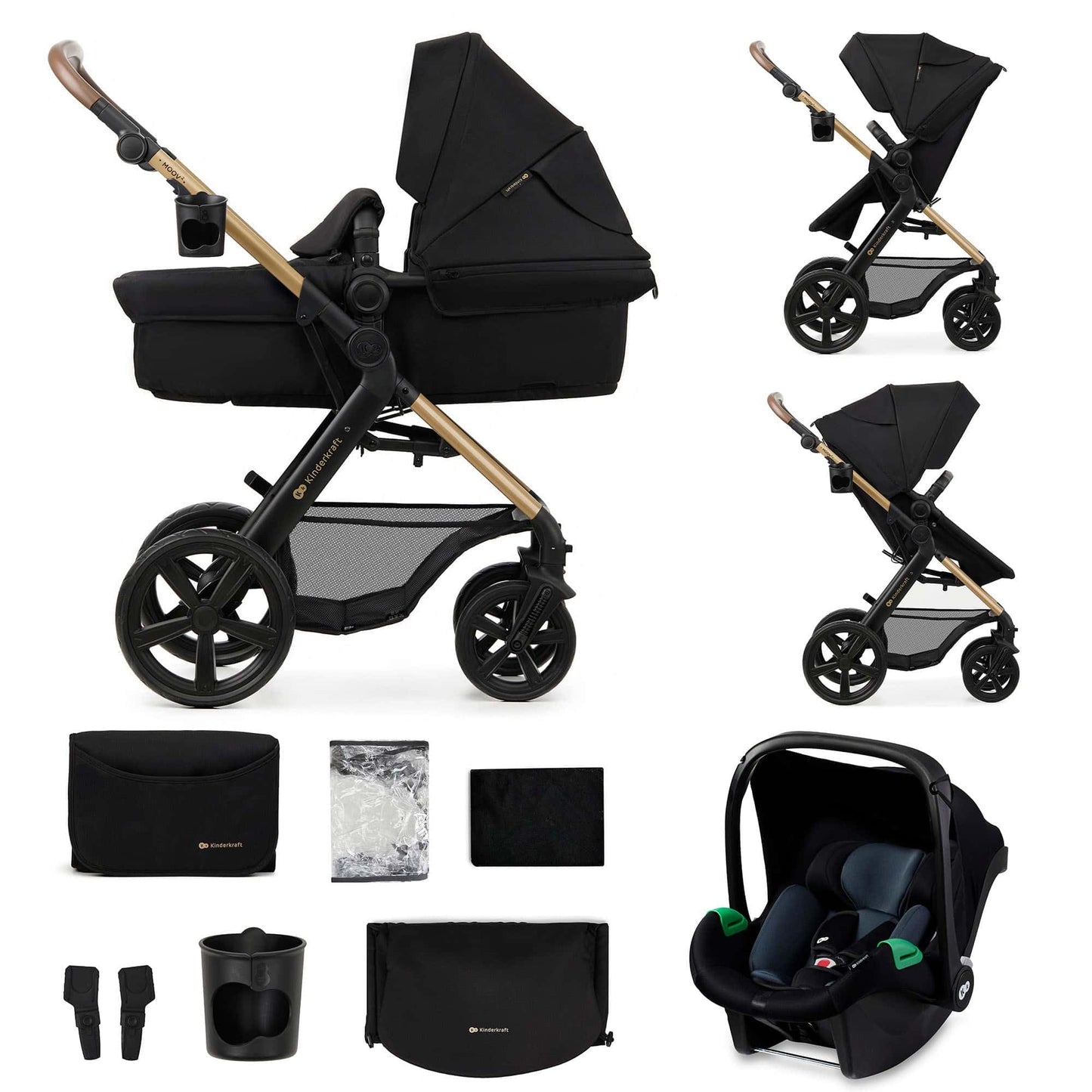 Kinderkraft MOOV 2 AIR 4 in 1 Set, Pram with Infant Car Seat with Isofix Base Mink PRO I-Size, Travel System, Baby Pushchair, Buggy, Foldable, from Birth to 22 kg, Inflatable Wheels, Gray