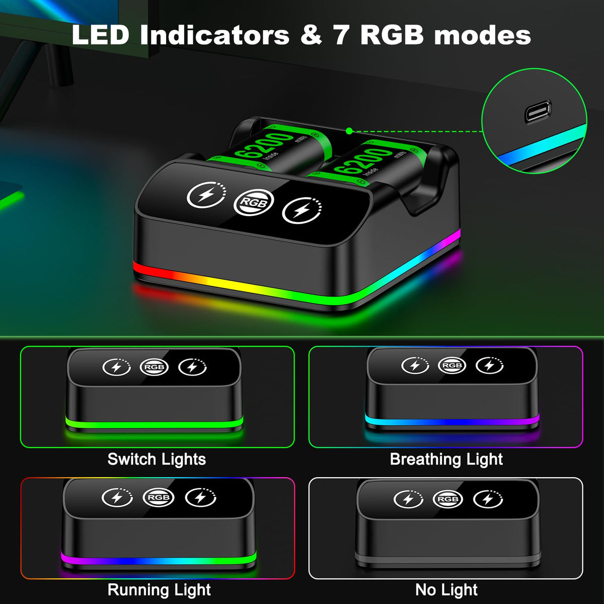 Rechargeable Battery Pack for Xbox One/Series Controller, 4x6200mWh Battery Pack with Charger/Cooling RGB/25H Playtime, Compatible with Xbox One/S/X/Elite 1, Series S/X Controller