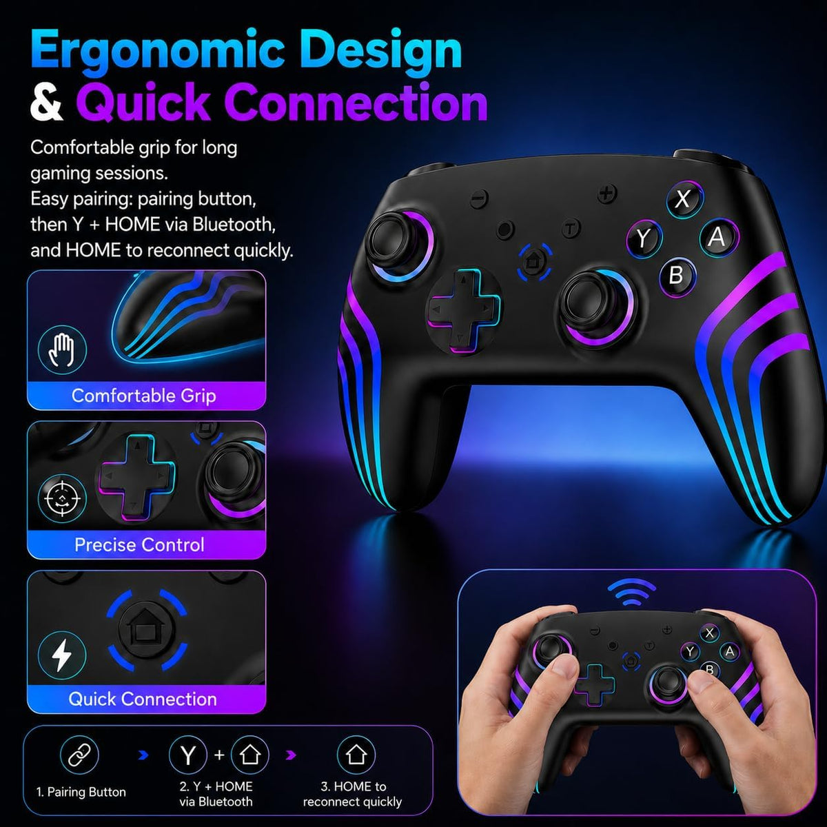 Riscvma 2pcs Controller for Switch/Switch 2/Lite/OLED/PC, Wireless Controller for Switch with 7 Color Changing RGB Lighting/Dual Vibration/6 Axis Gyroscope/Turbo, Ergonomic Precise Joystick