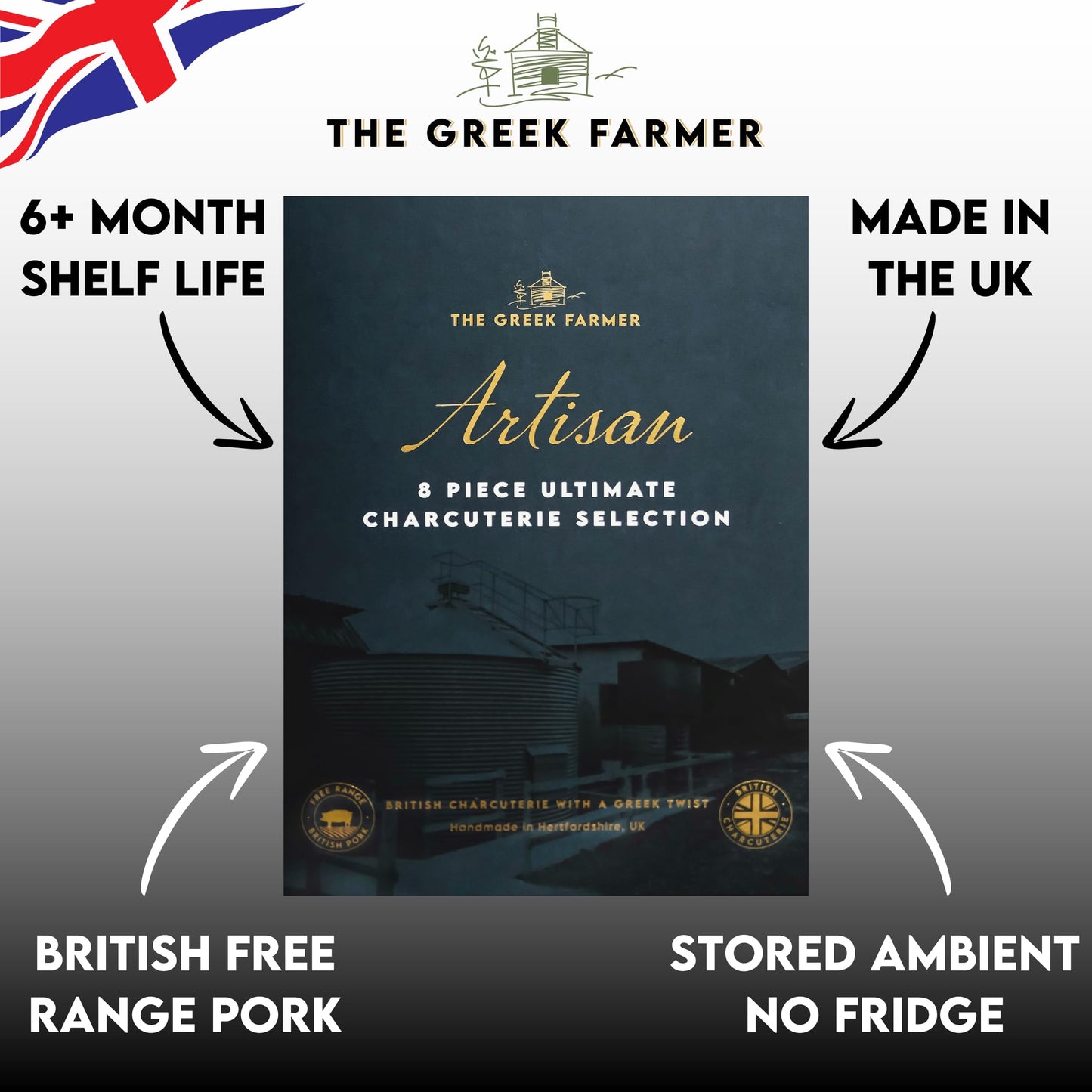 The Greek Farmer Signature 8 Piece Charcuterie Collection | Cured Meats & Cold Cuts | Artisan Charcuterie Gift | British Free-Range Pork | 5-Star Great Taste Award | Ideal Foodie Gift & Savoury Hamper