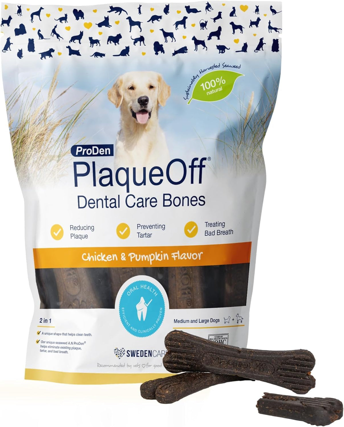 ProDen PlaqueOff 13 Dental Bones for Medium & Large Dogs, Chicken & Pumpkin