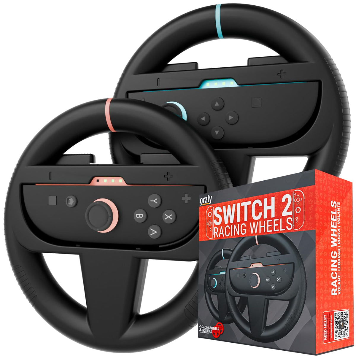 Orzly Racing Steering Wheels – Compatible with Switch 2 (2025 Console) – Party Pack of 4 Joy-Con Controller Attachments for Racing Games (2 Black, 1 Blue, 1 Red)