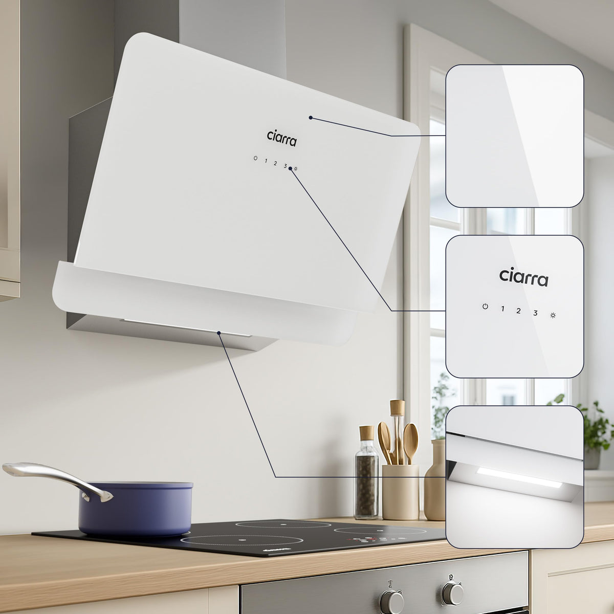 CIARRA 60cm White Angled Cooker Hood, Gesture Control, A+++, CBCW6736A
