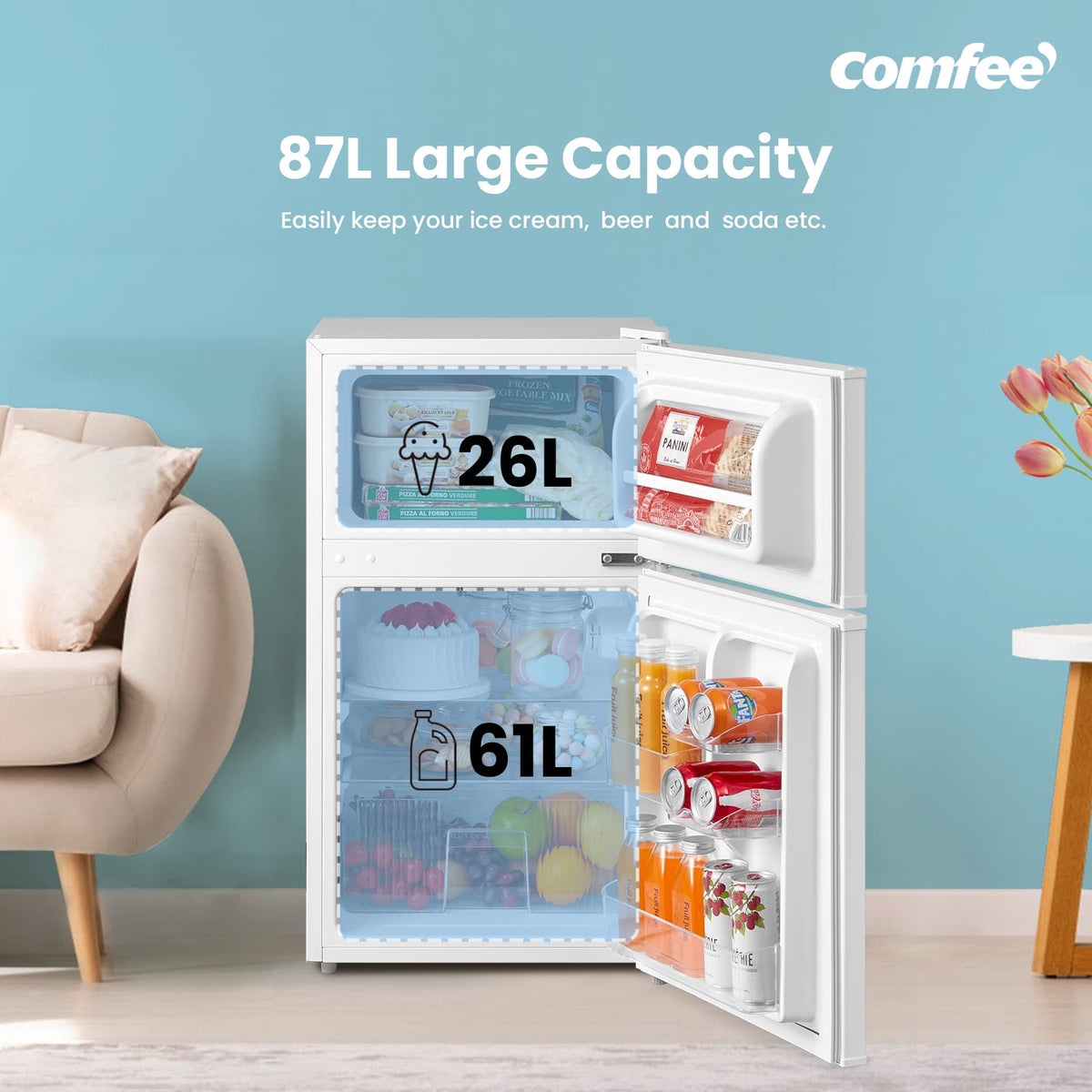 COMFEE' 87L Under Counter Fridge Freezer, Reversible Door, RCT87BL2(E)