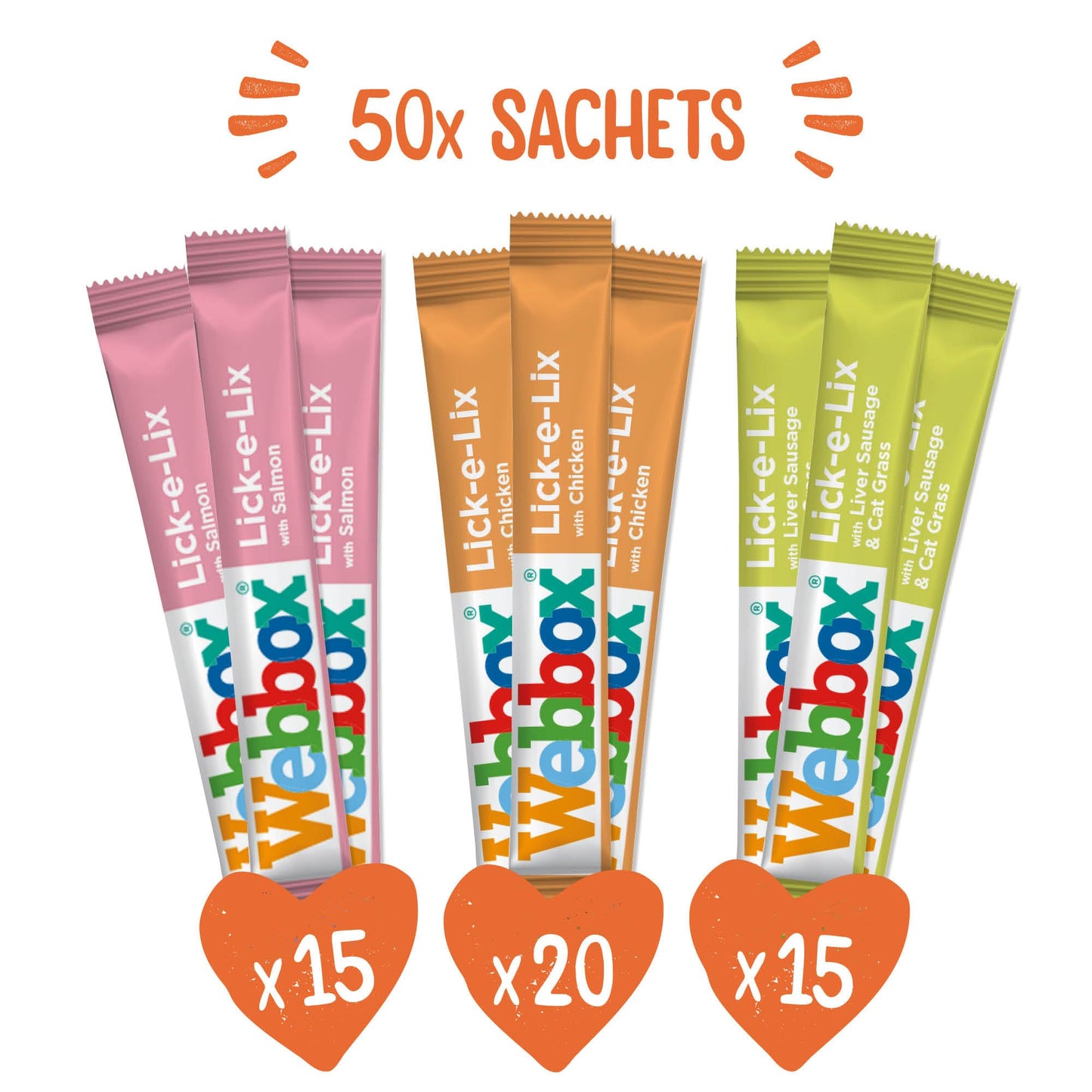 Webbox Lick-e-Lix Cat Treats Variety Value Pack - Kitten Friendly, Grain Free, No Artificial Preservatives or Colours (50 Pack)
