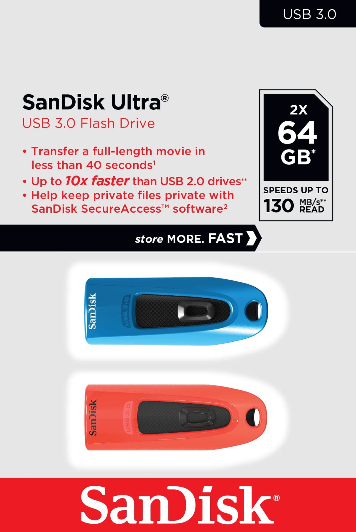 SanDisk Ultra 32 GB USB Flash Drive USB 3.0 Up to 130 MB/s Read - Twin Pack, Red/Blue (Pack of 5)