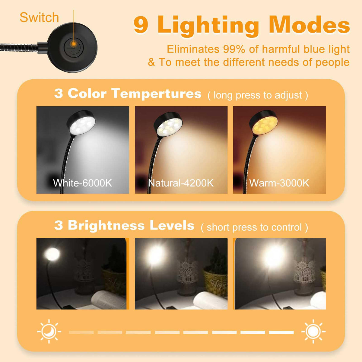 KTEBO Book Reading Light 2 Packs Rechargeable, Eye Care 10 LED Lamp for Reading in Bed - Adjustable Brightness, 3 Color Temperatures, 30+ Hours Runtime, Gifts for Book Lovers