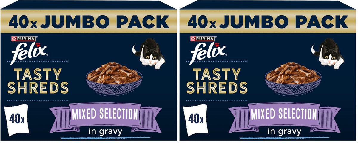 FELIX Tasty Shreds Adult Wet Cat Food Mixed Selection in Gravy Chicken, Beef, Tuna, Salmon 40 x 80g Pouches