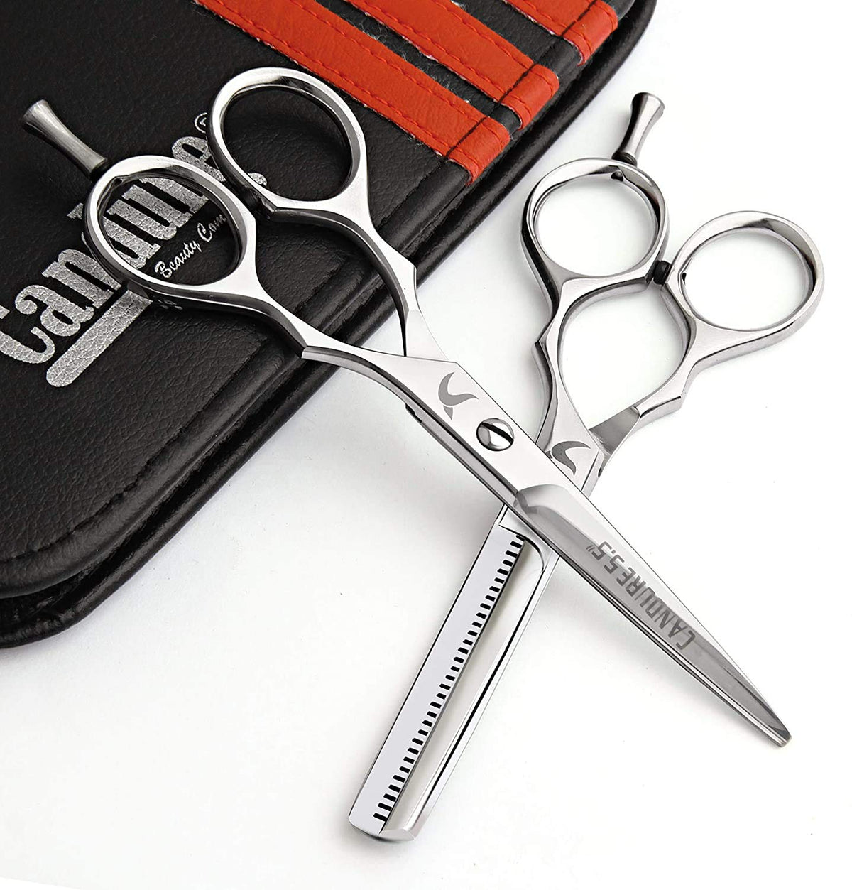 Candure Hairdressing Scissor with Comb & Leather Pouch 6.5" - Hair Scissor for Professional Hairdressers, Barbers Stainless Steel Hair Cutting Shears for Salon, Men, Women, Children and Adults Black