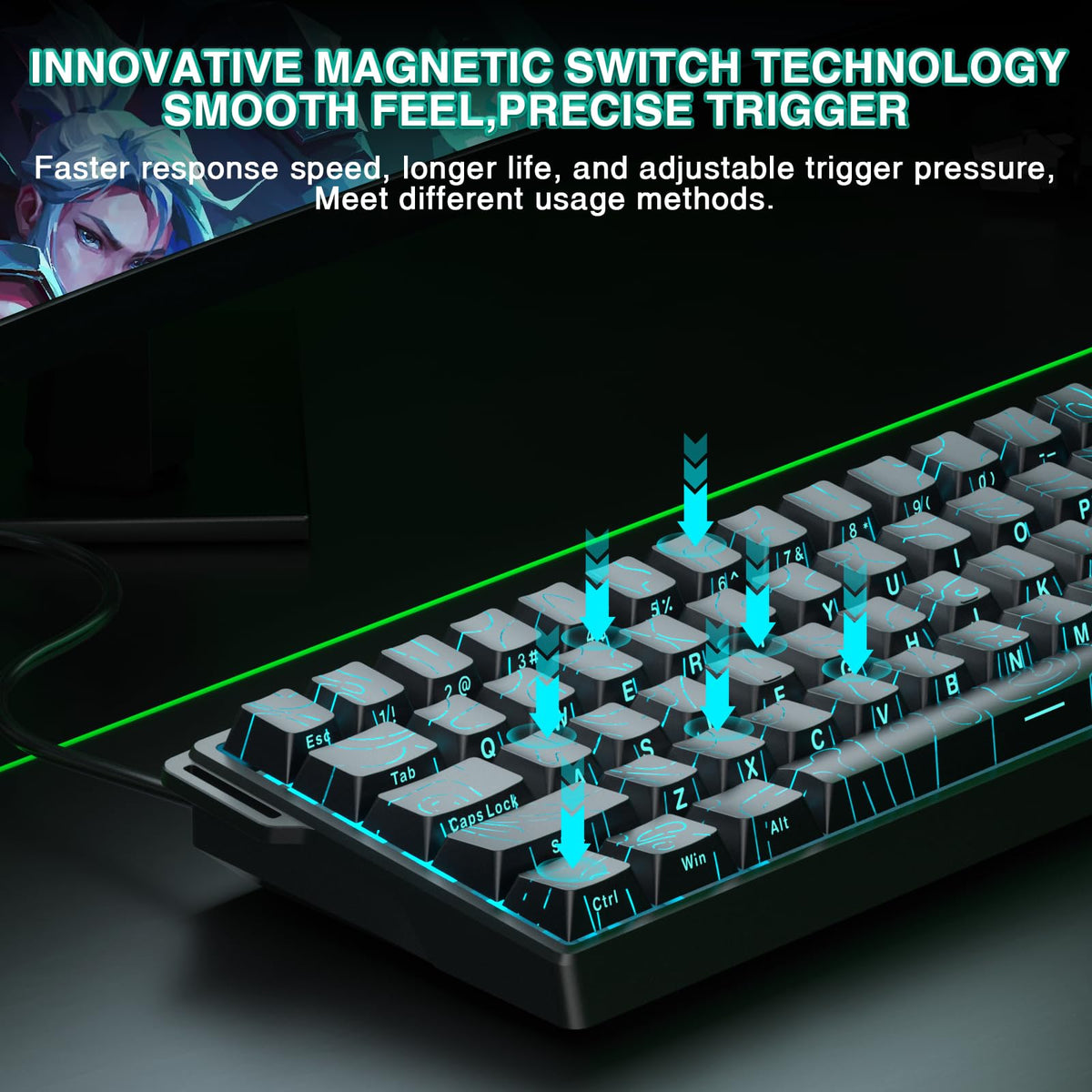 AULA WIN60 HE Mechanical Gaming Keyboard Wired,Hall Effect Magnetic Switches,Adjustable Actuation Rapid Trigger,8K Polling Rate,RGB Backlight,60% Percent Keyboard for Mac/Win (BLACK) (Pack of 2)