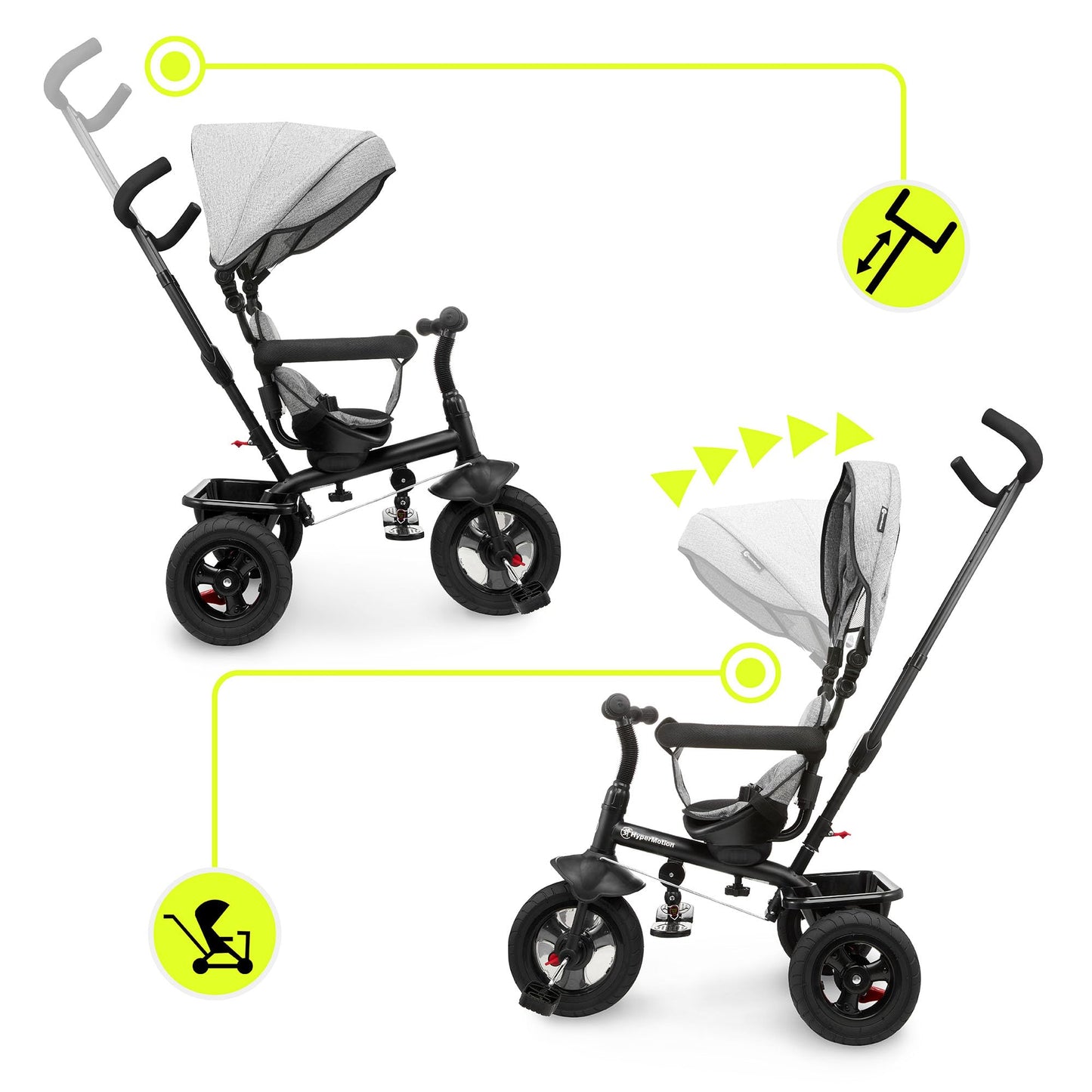 HyperMotion Toddler Tricycle with Parent Handle, Canopy, Safety Belt & Basket — From 12 Months