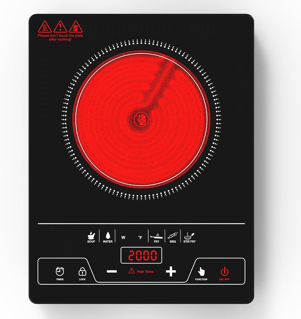 VBGK Portable Ceramic Hob, 2000W Pulg in Single Electric Hob, Portable Electric Hob with Digital LED Touch Controls, 10 Power Levels, 4-Hour Timer, Child Safety Lock, Black