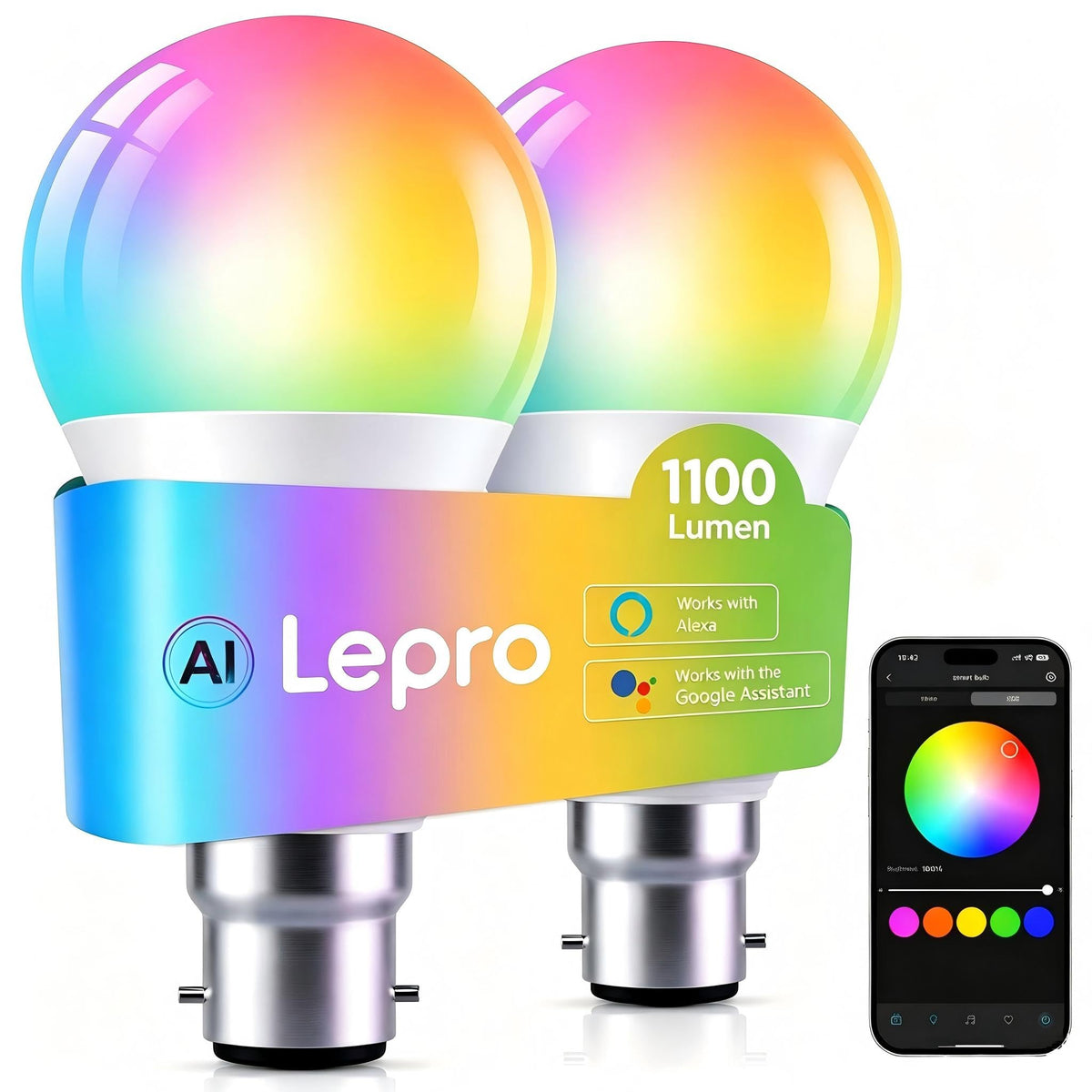 Lepro Smart B22 LED Bulb, 1100lm 10W, RGB + Tunable White, AI Lighting