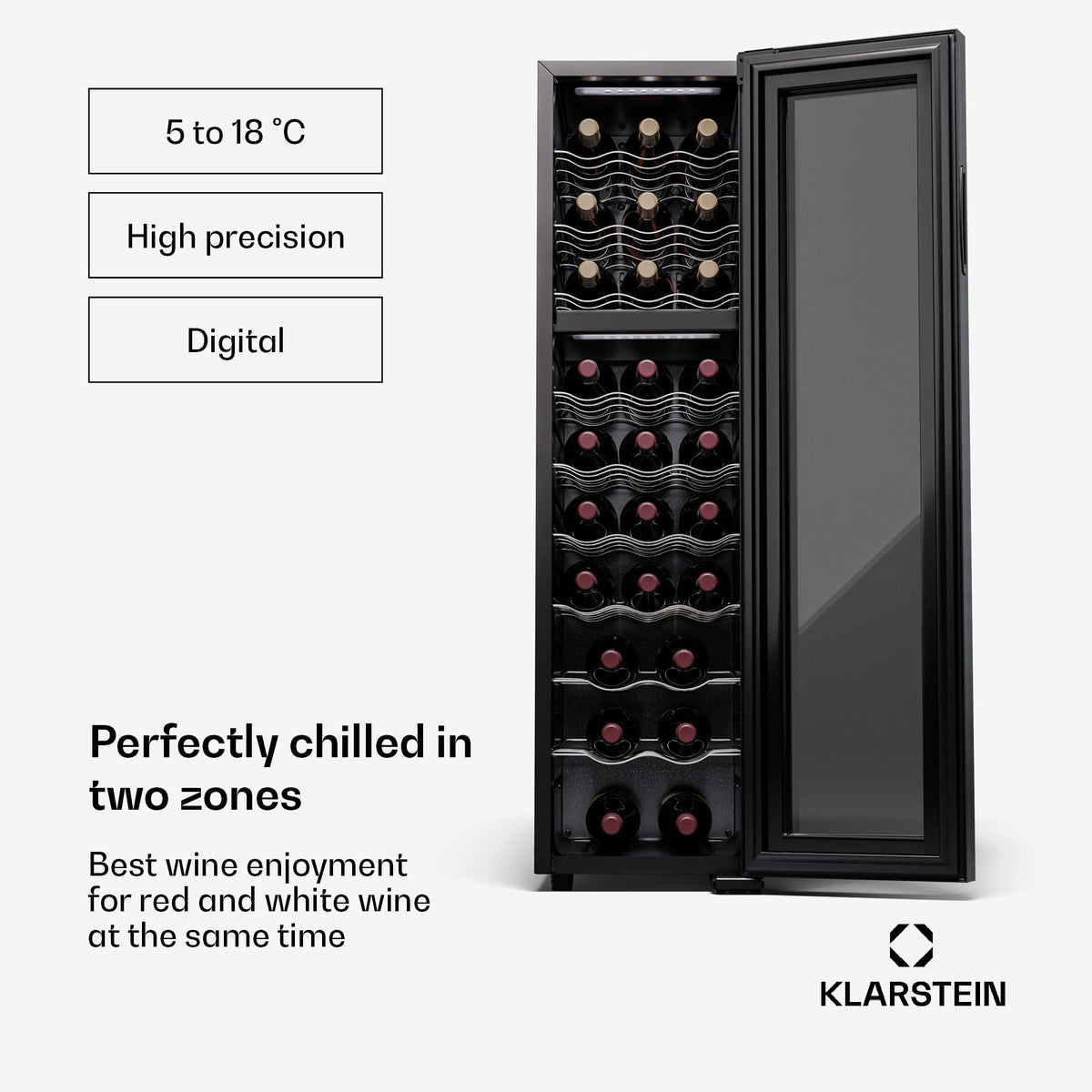 KLARSTEIN Shiraz Wine Cooler Black – 8 Bottles, 1 Zone | Freestanding Wine Fridge with Glass Door, Quiet, 5–18 °C, LED, Stainless Steel Frame