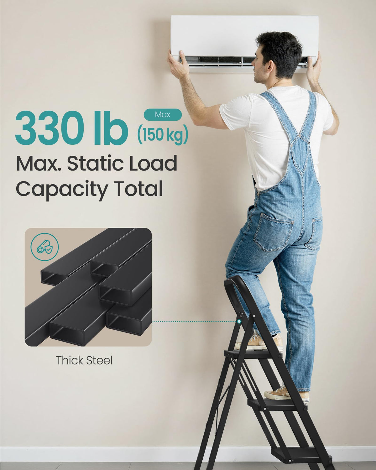 SONGMICS 2-Step Ladder, Folding Step Ladder, Safety, Holds up to 150KG