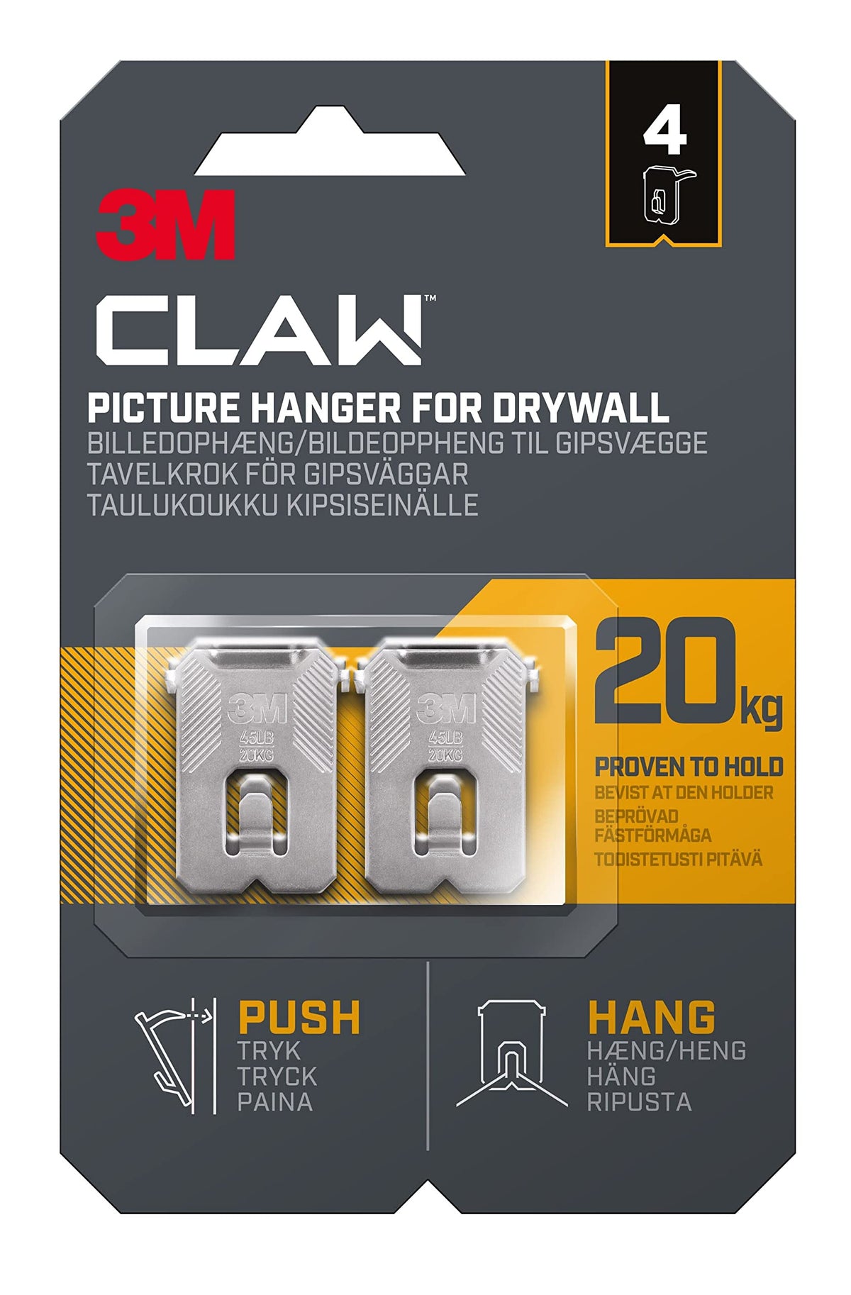 3M Claw Plasterboard Picture Hanging Wall Hooks For Hanging Home Décor, 4 Hangers, Holds up to 7 kg - Ideal for Heavyweight Items