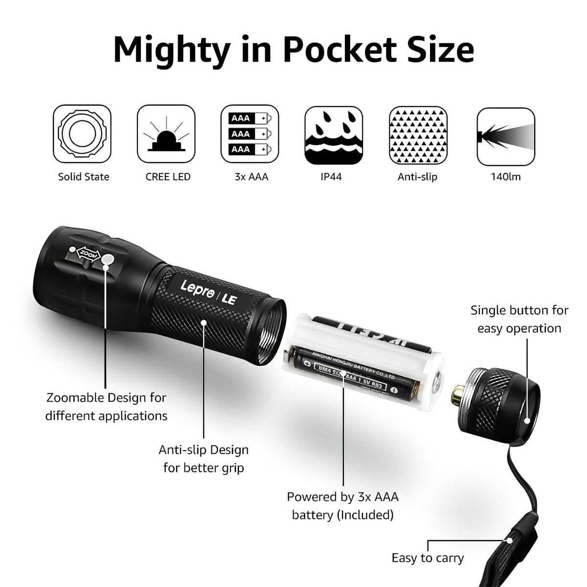 Lepro LE LED Torch Battery Powered, Camping Flashlight, Adjustable Focus