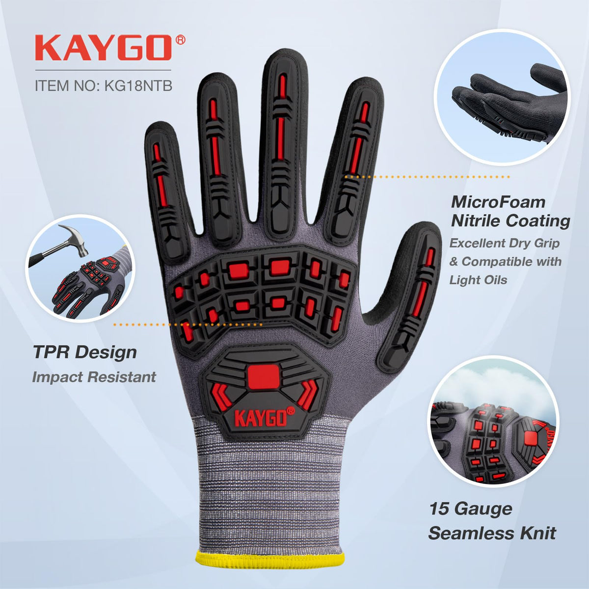 KAYGO Safety Work Gloves MicroFoam Nitrile Coated 12 Pairs, KG18NB