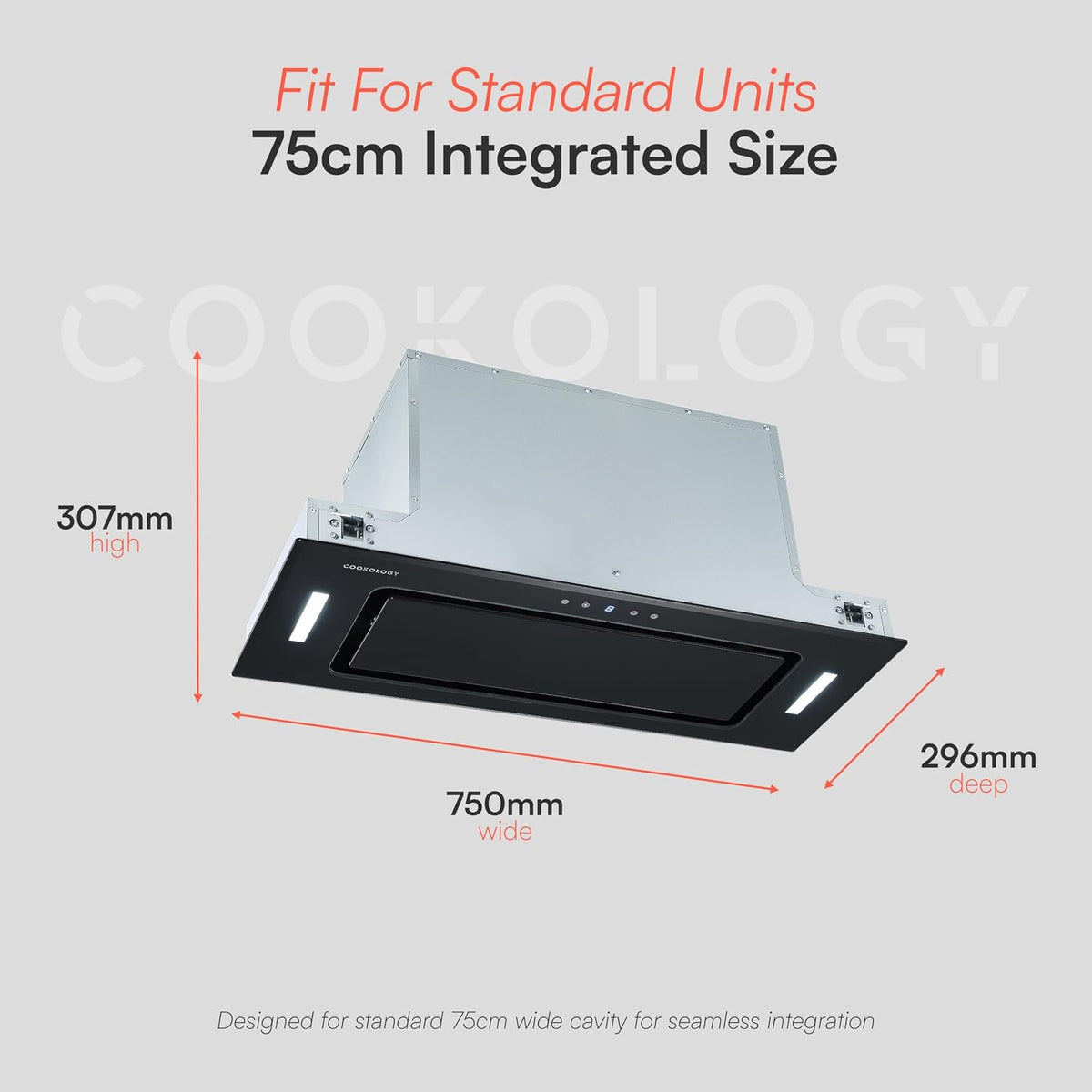 Cookology BUGL750BK Integrated Extractor Fan Cooker Hood in Black - 75cm Width - Built-in Cupboard Glass Canopy - Touch Controls - 2 LED Lights - Switch-off Timer - 3 Speed Settings - A+ Rated