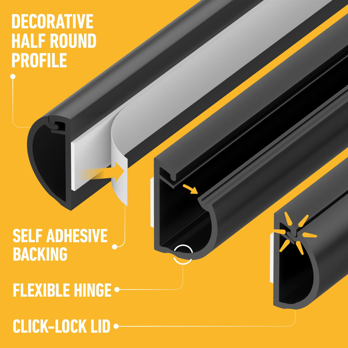 D-Line 30x15mm Cable Trunking 4m Multipack, Half Round Profile, Self-Adhesive Wire Cover, Paintable Cable Management - 10x 30mm (W) x 15mm (H) x 40cm Lengths and Accessories - White