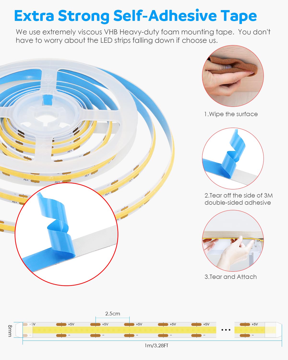Aclorol 3M COB LED Strip Light Warm White 3000K 5V USB Flexible LED Light Strip 8mm Width Dimmable CRI85+ Dotless Tape Light High Density 320LEDs/M for Bedroom Kitchen Under Cabinet Home Decor