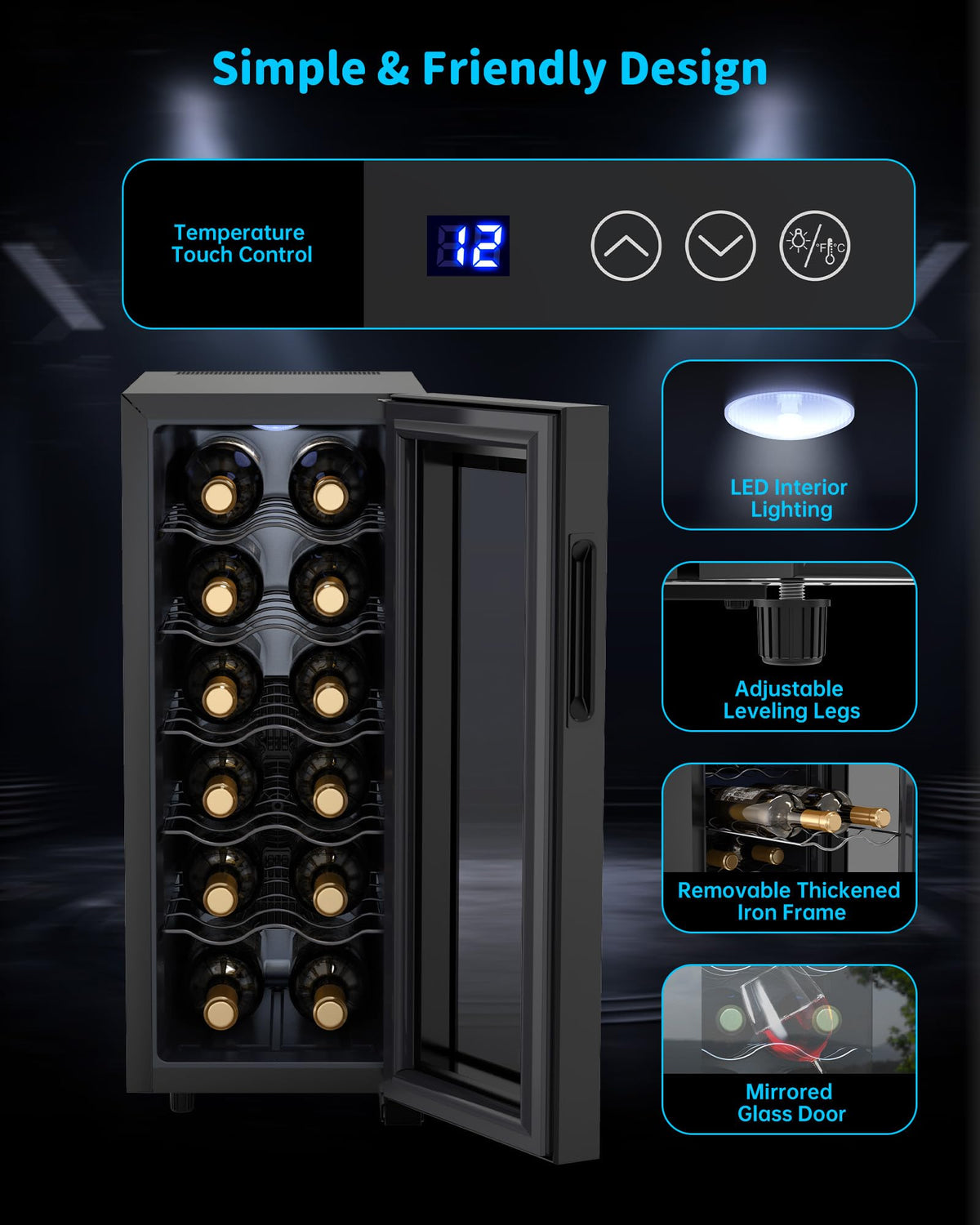 WIE 48L Drinks Fridge with Glass Door, Beer Fridge for 68 Cans or 12 Wine Bottles, Mini Fridge 4-16°C Touch Control, Quiet Beverage Refrigerators with LED Light, Reversible Door for Home, Bar, Office