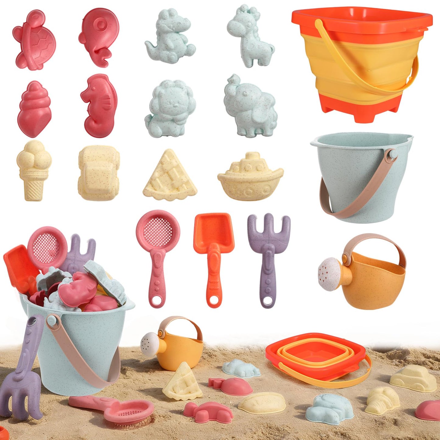 Beach Sand Toys Set, 19Pcs Sand Pit Toys With Collapsible Bucket and Spade Beach Set Kids Sand Sandpit Toys for Toddlers, Outdoor Fun Sand Toys for Boys Girls Toddlers Age 3 4 5 6 7 8