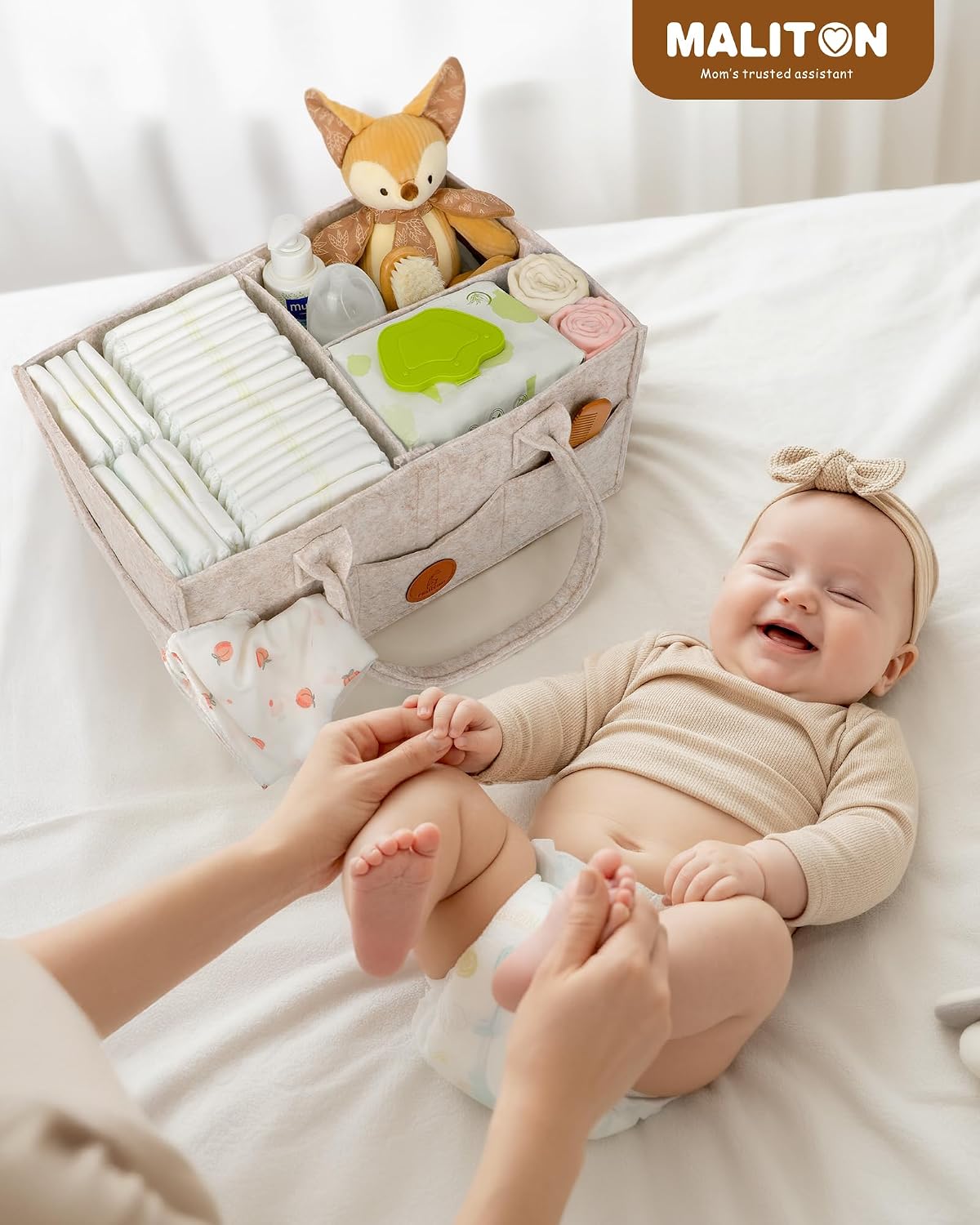 Maliton Nappy Caddy Organiser with 8 Pockets & Removable Dividers (Khaki)