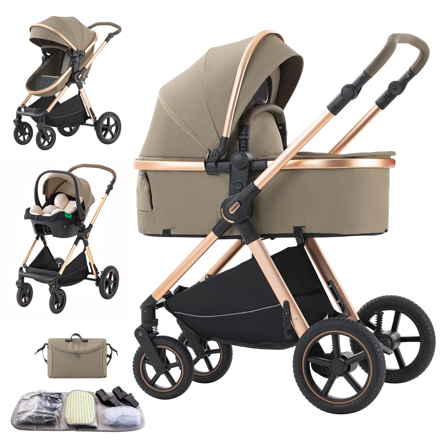 Stroller 3 in 1 Travel System Aluminium Frame High Landscape Combined Strollers Lightweight Folding Pram for Newborns Toddlers 0-36 Months from Birth Aluminium Pushchair (D2/Pink, H2-D)