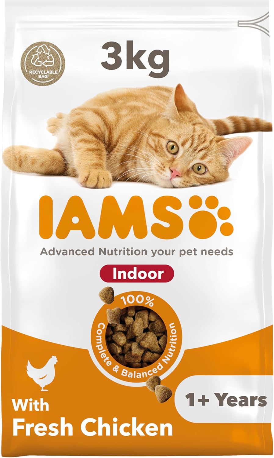 IAMS Indoor Complete Dry Cat Food Chicken 3kg - Litter Odour Control, Hairballs & Weight Management