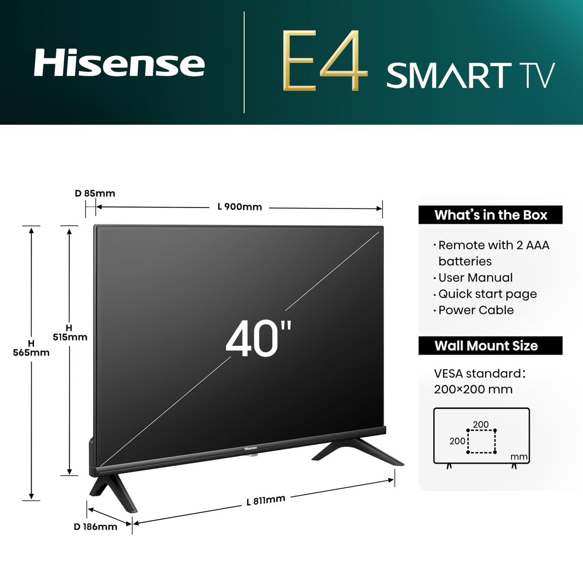 Hisense 40" 40A4QTUK FHD LED TV with Freely - Direct Lit LED, Dolby Audio, Natural Colour Enhancer, Games Mode, Sports Mode, Disney +, YouTube, Netflix