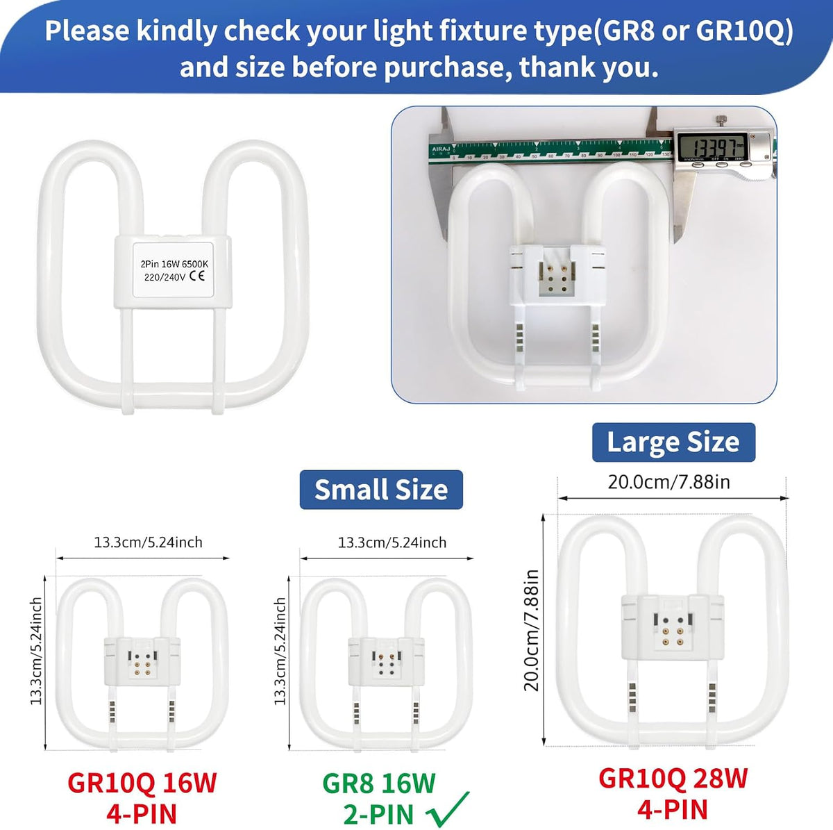 Akynite 16W 2D Square 2-Pin GR8 Cap Daylight White 6500k Compact Fluorescent Lamp, AC 230V, CFL 2 Pin Light Bulb, not dimmable, GR8 DD Flat Butterfly Bulb for Flush Ceiling Light, 1 Pack