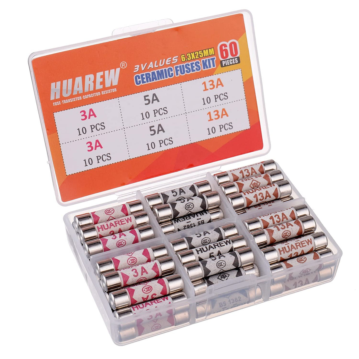 5 Values 100 Pcs 6.3x25 mm BS1362 1 3 5 10 13 A amp 240 V volt 0.248x0.984 Inch Ceramic Tube Fuses Assortment Kit