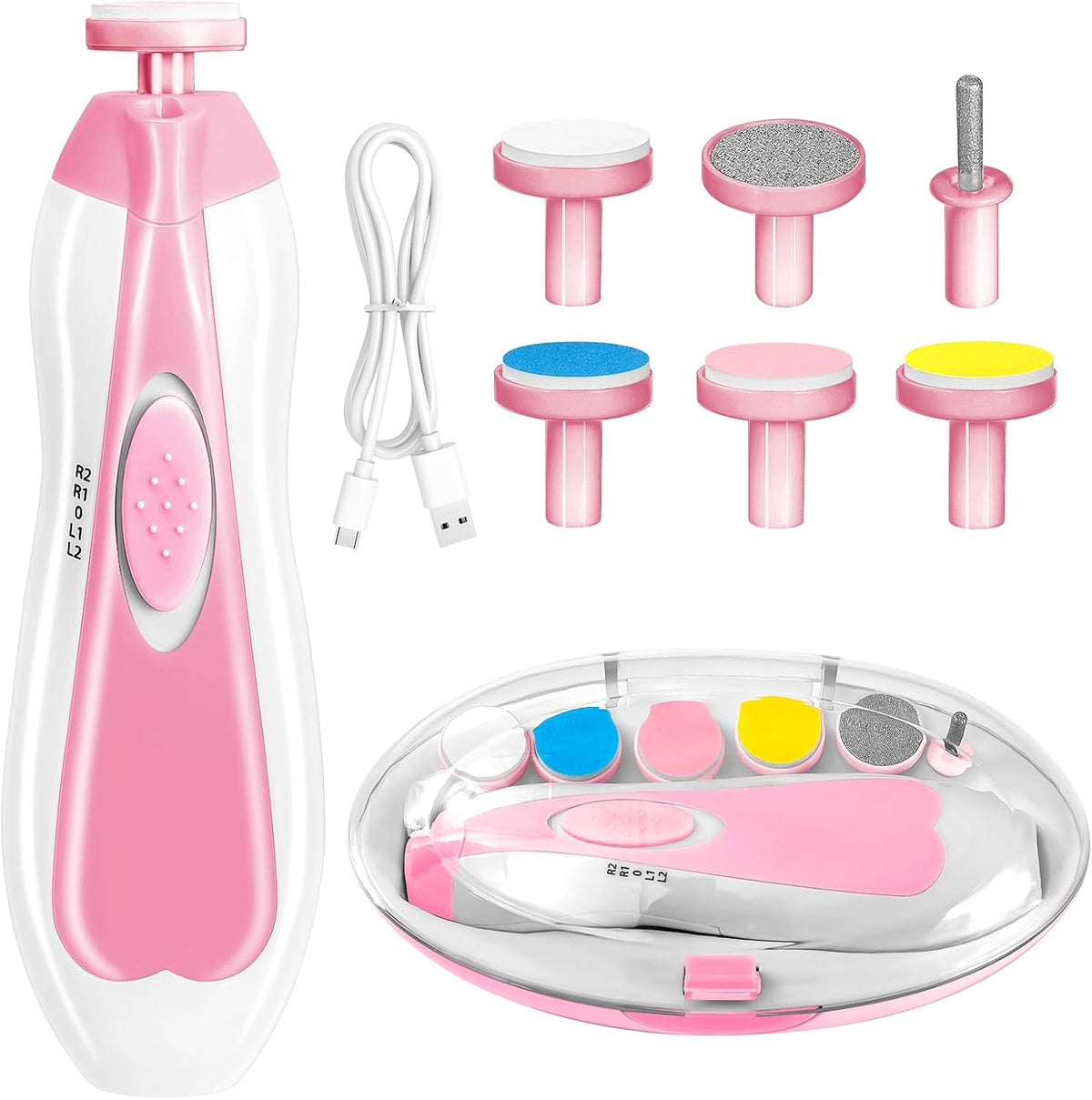 Qunlions life Baby Nail Trimmer Electric, 6 in 1 Rechargeable Baby Nail Clippers Manicure Set Grooming Kit for Toddler Infant or Adults (Pink)