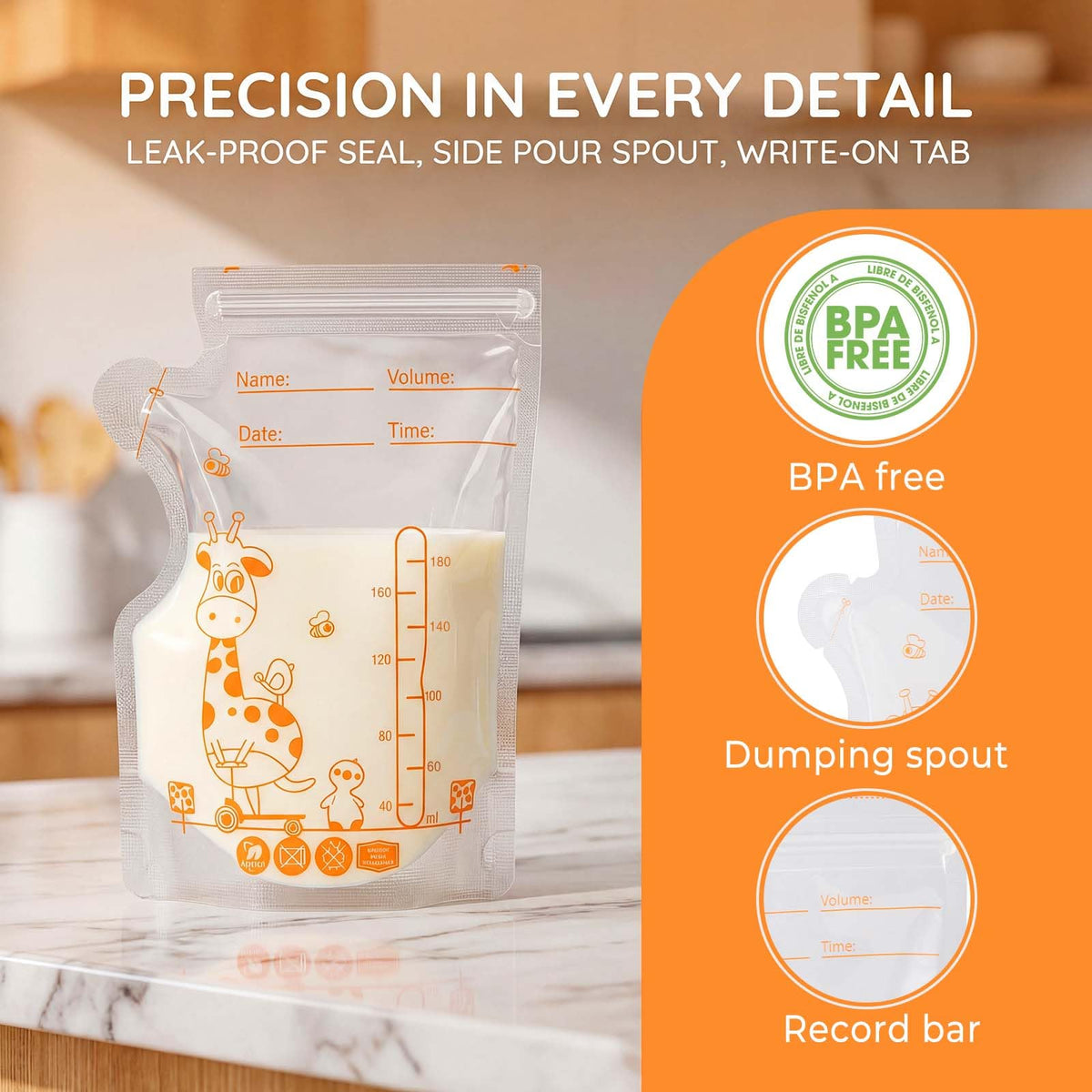 Oderra 250/180ml Breast Milk Storage Bags 50/ 100PCS- Pre-Sterilized Freezer-Safe Breastmilk Bags with Built-In Pour Spout, Double Zip Seal, Hospital Bag Maternity Essentials