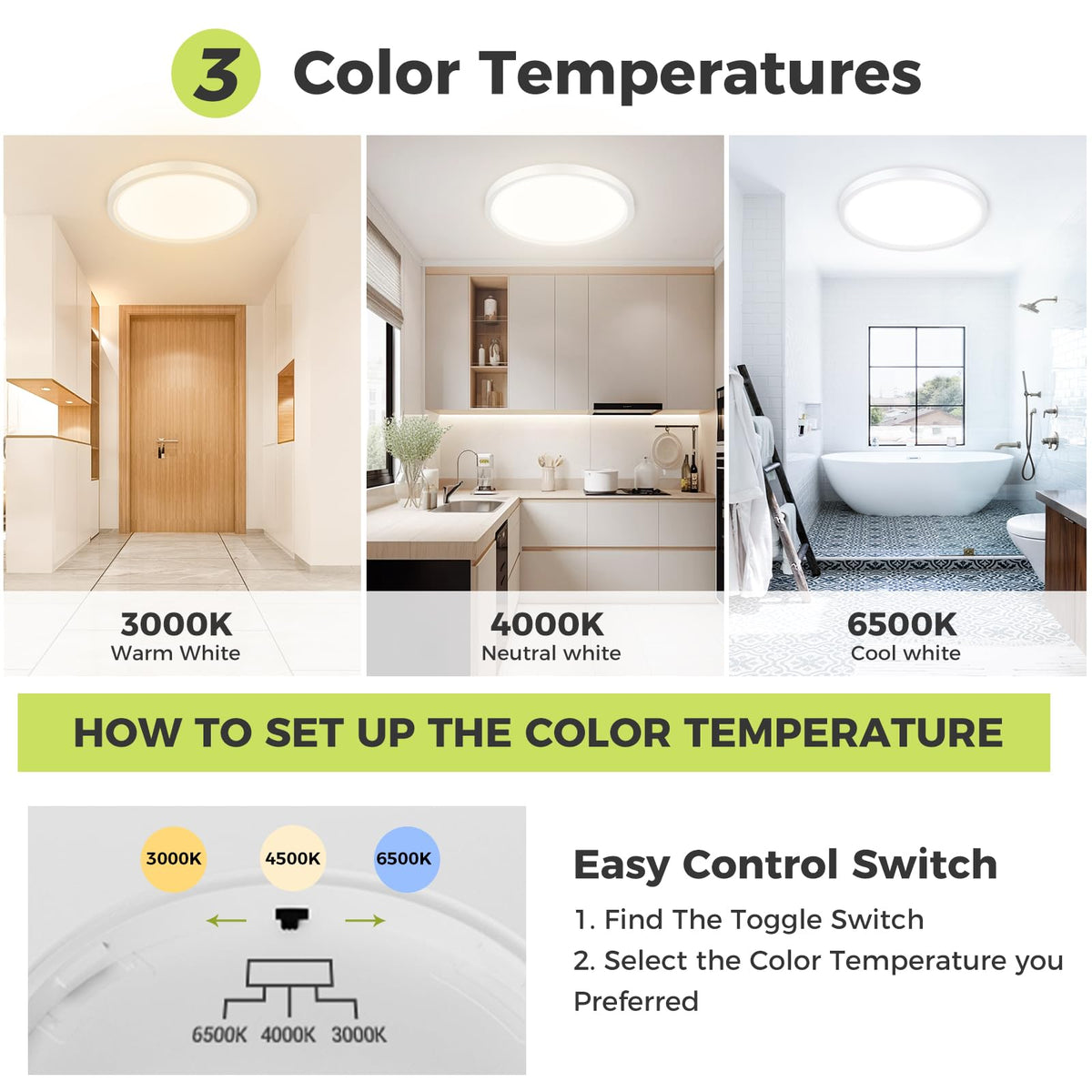 hepside Bathroom Light, 3000K/4000K/6500K 3 Color Temperature LED Ceiling Light, 15W 1500LM, Waterproof, Round, Small, Modern, Flush Ceiling Light for Bathroom, Kitchen, Bedroom, Black