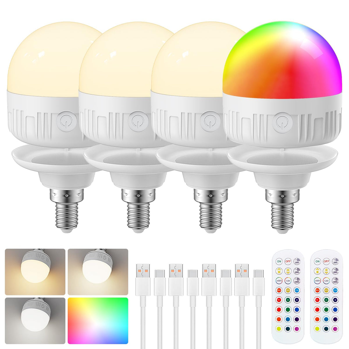 LGMCF E14 Rechargeable Light Bulb, 8W, 3 Colors, Timer, Dimmable, 2 Pack