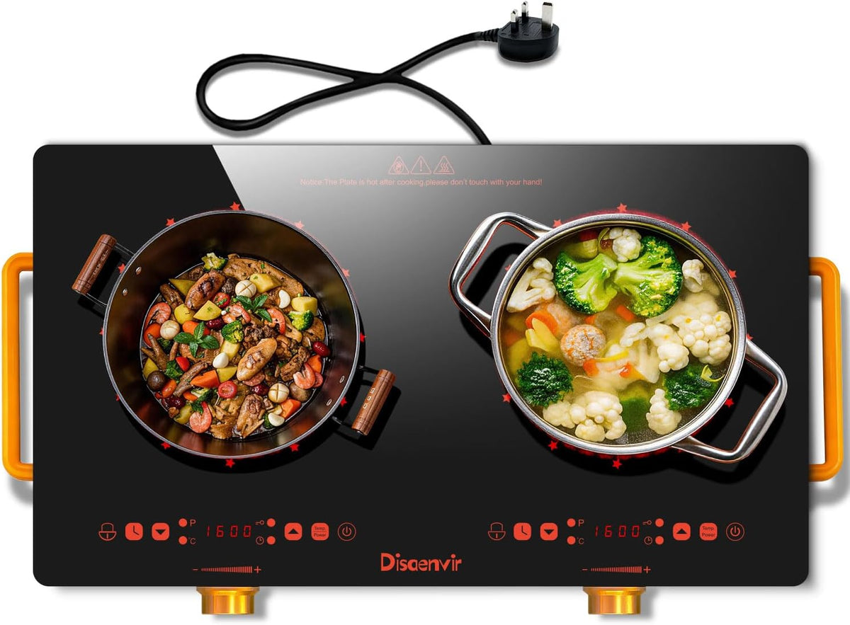 Double Ceramic Hob with Handle, Plug in 2 Ring Electric Hob