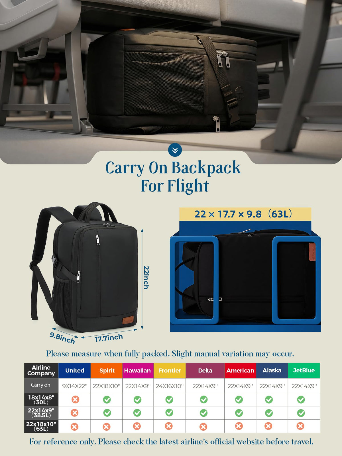 For Ryanair Cabin Bags 40x30x20 Underseat Travel Carry-on School Backpack