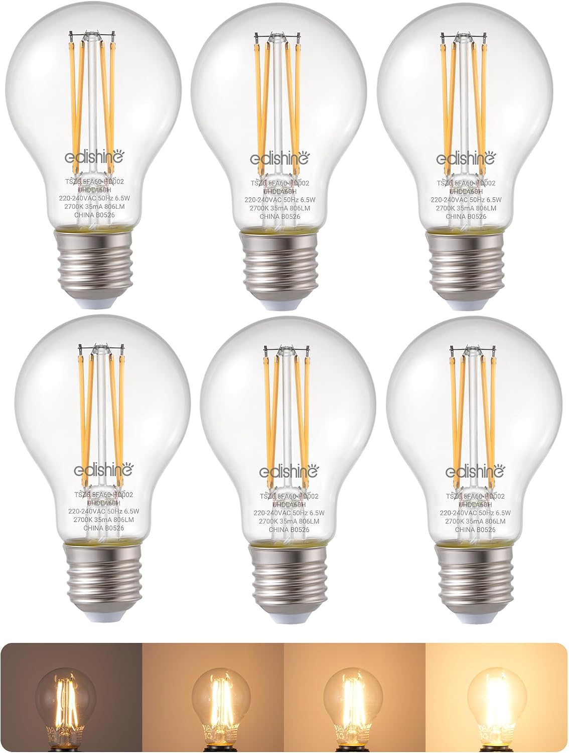 EDISHINE 6 Pack E27 Dimmable LED Edison Bulbs, 6.5W 2700K Warm White, 806LM
