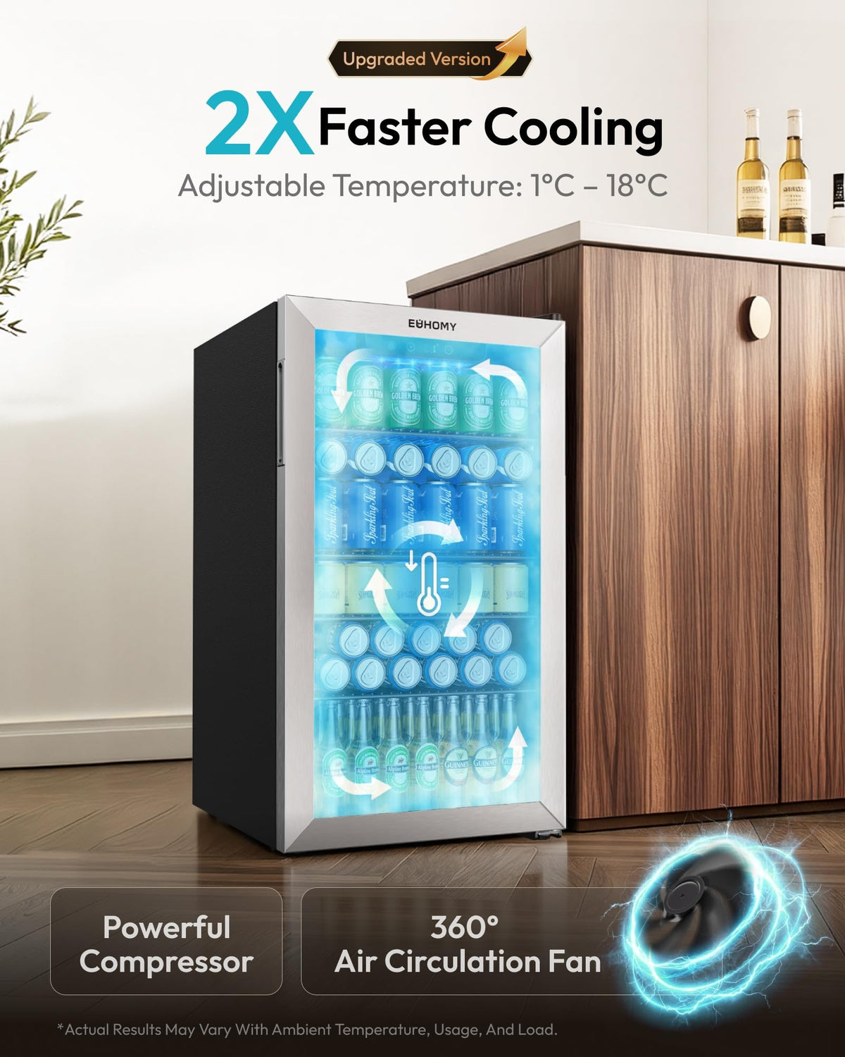 EUHOMY 93L Drinks Fridge, 126 Can Beer Fridge with Glass Door, Wine fridge with Adjustable Shelves for Soda Beer or Wine, Home/Bar/Office, Black, Steel, One-Touch Control [Energy Class F]